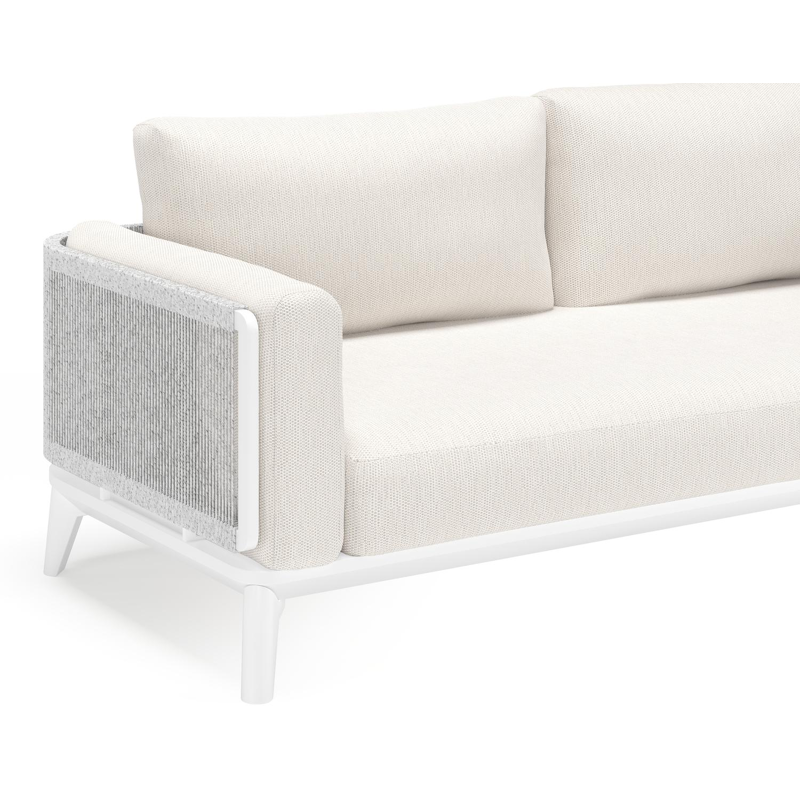 Mosa loungeset in wit aluminium en wit-grijs gedraaide ronde wicker met sand weather+ softtouch kussens en loungetafel