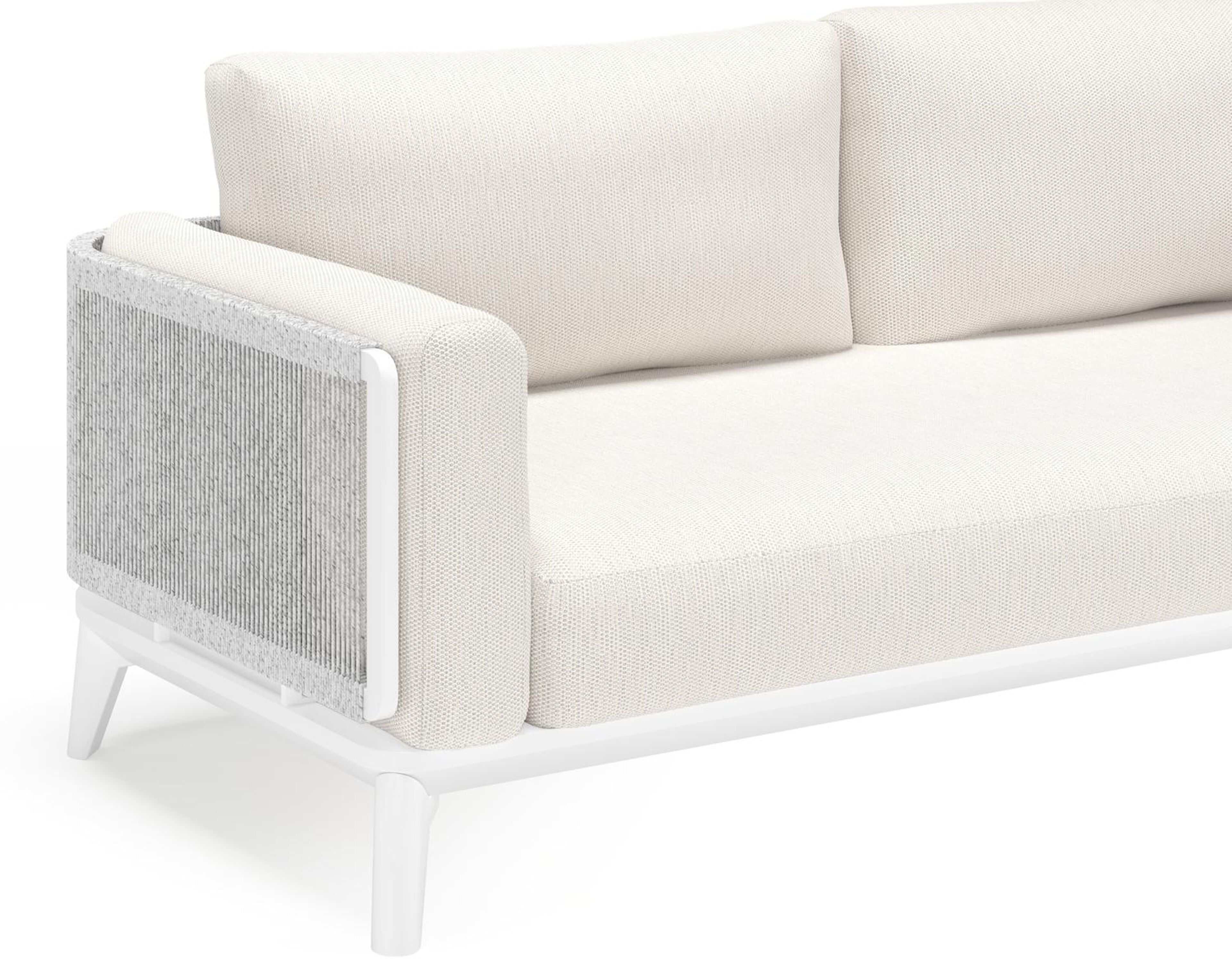 Mosa loungeset in wit aluminium en wit-grijs gedraaide ronde wicker met sand weather+ softtouch kussens en loungetafel