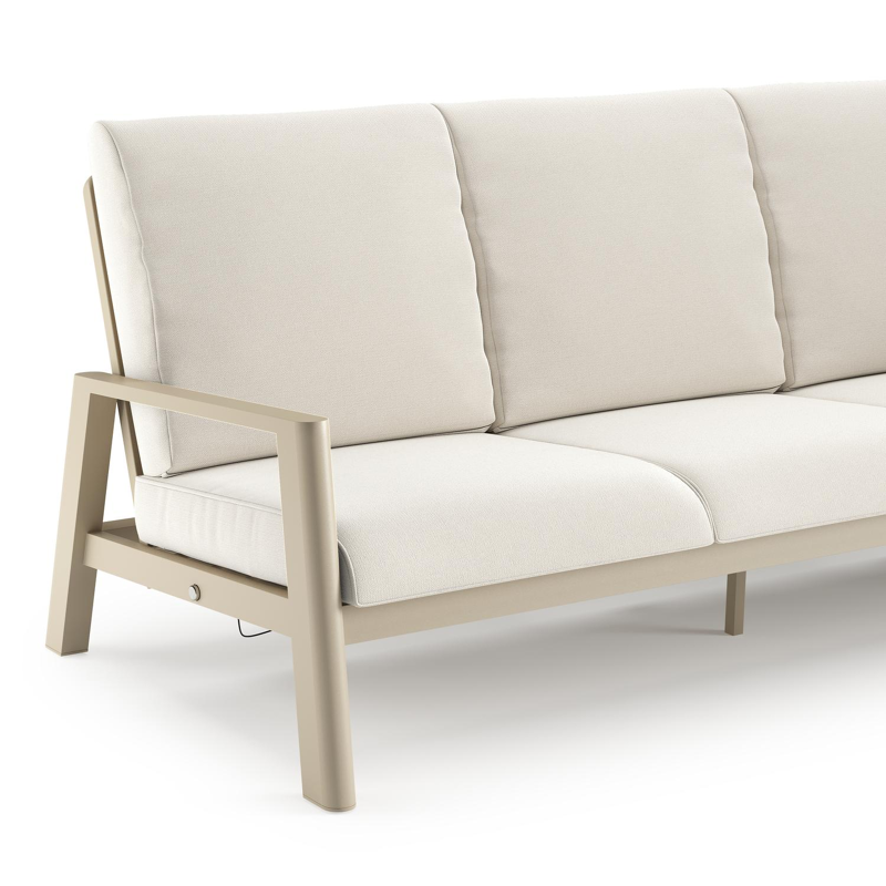 Canapé de jardin Cirello en aluminium beige et coussins en all weather sunbrella® luxe savane white