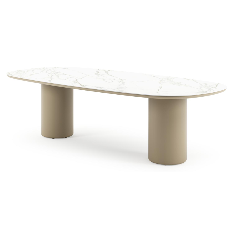 Table de jardin Amico bombo en aluminium beige et céramique pleine Calacatta - Lg. 270 x Lrg. 125 x Haut. 74 cm