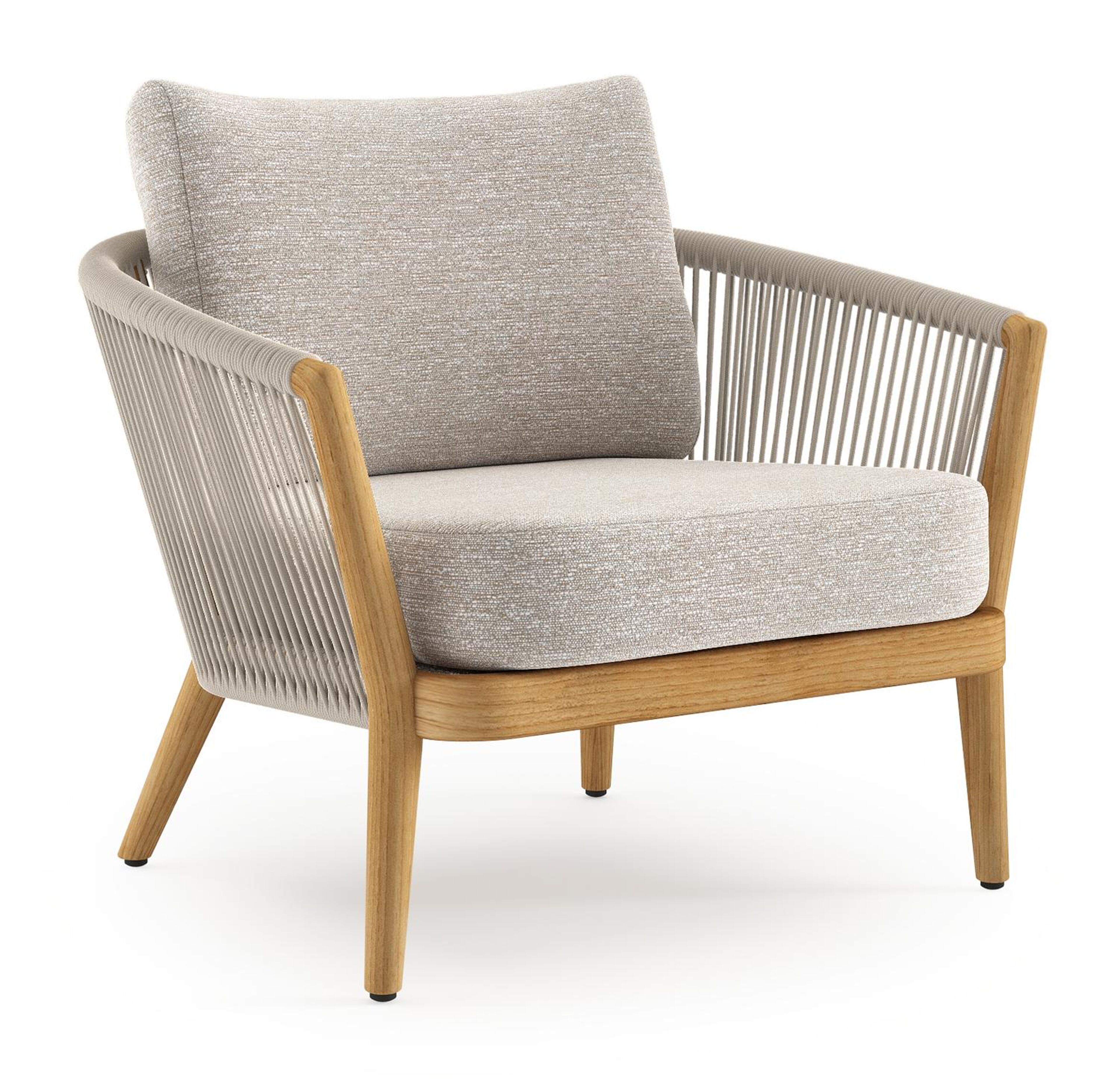 Orso loungestoel in teak en beige verticaal geweven ronde rope met Tundra Sand all weather sunbrella® luxe kussen