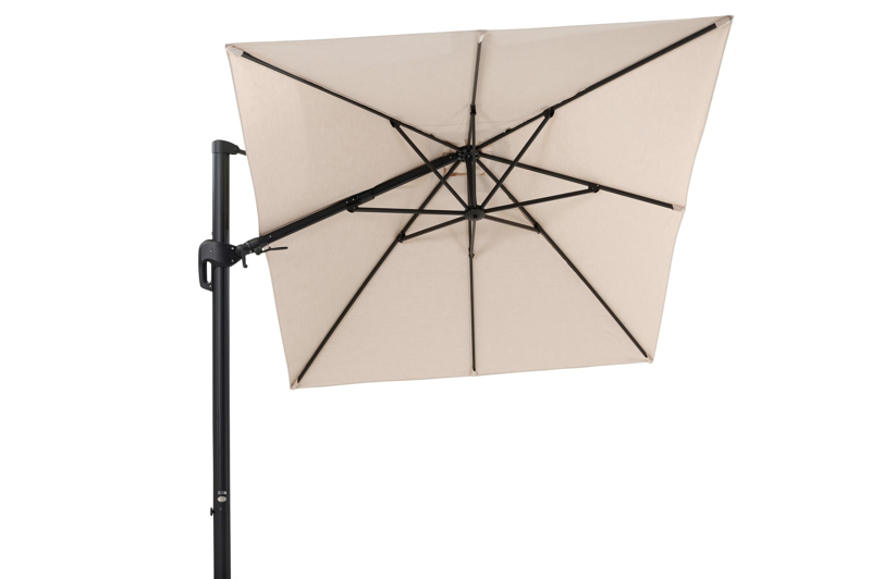 Rufina zweefparasol met tiltfunctie in zwart aluminium met beige all weather sunbrella® premium parasoldoek - L1 350 x L2 250 cm (zonder voet)