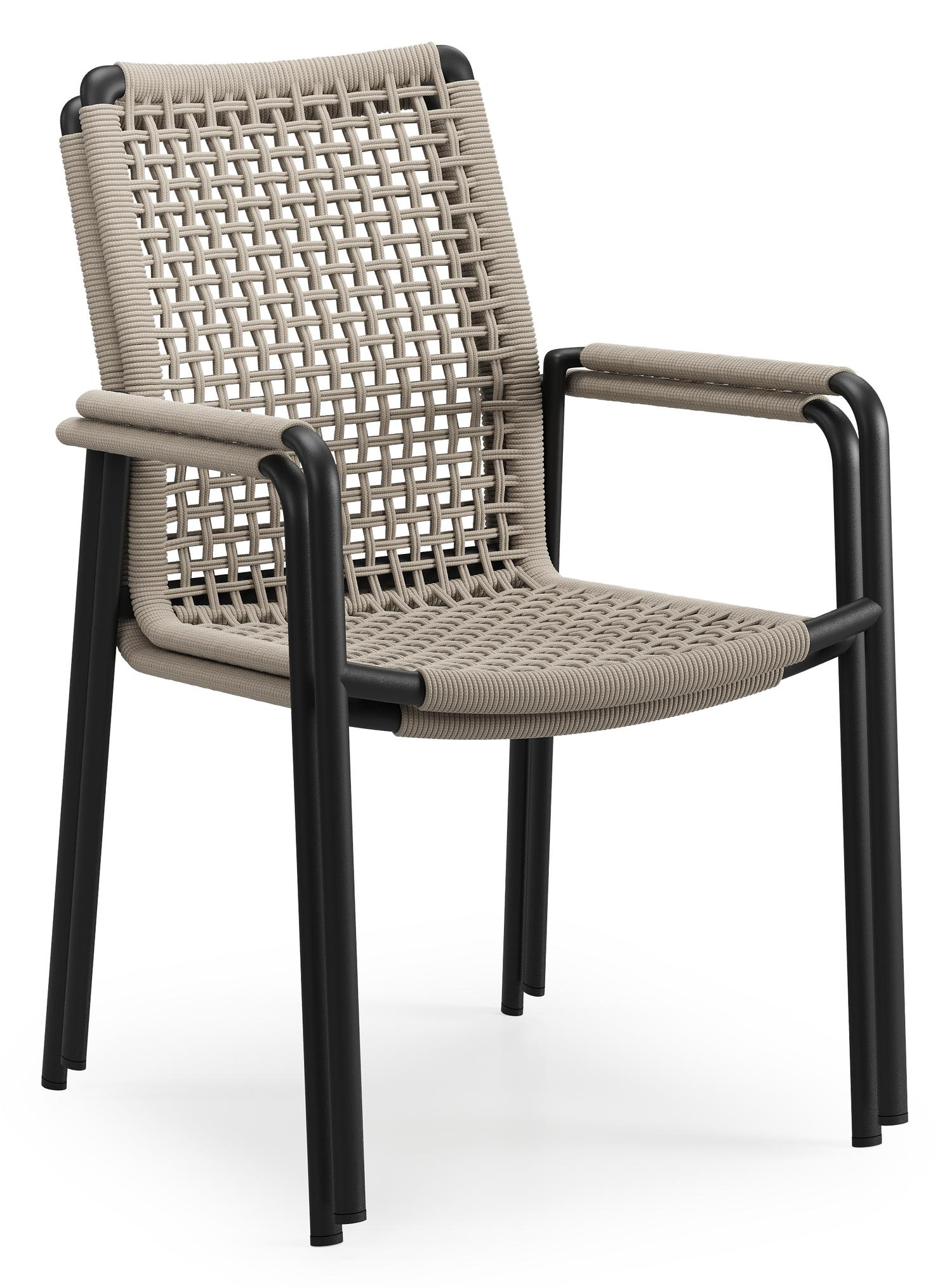 Chaise de jardin Como en aluminium noir et corde ronde tissée carrée beige