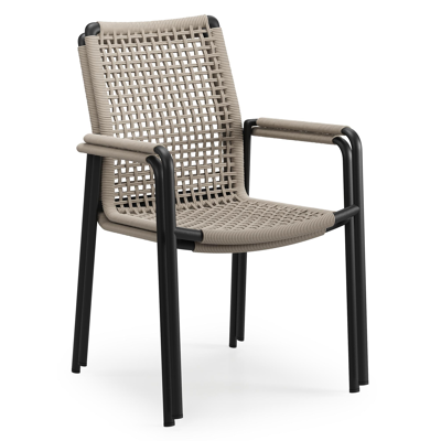 Como tuinstoel in zwart aluminium en beige vierkant geweven ronde rope