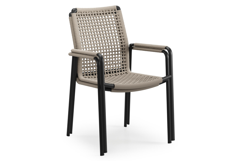 Como tuinstoel in zwart aluminium en beige vierkant geweven ronde rope