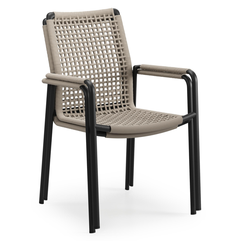 Como tuinstoel in zwart aluminium en beige vierkant geweven ronde rope