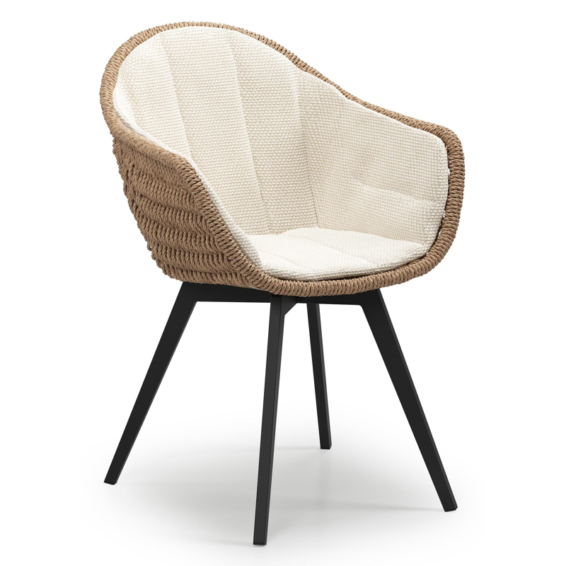Pagino tuinstoel in zwart aluminium en naturel ronde wicker met zitkussen in All Weather Cosytica Althea Off White