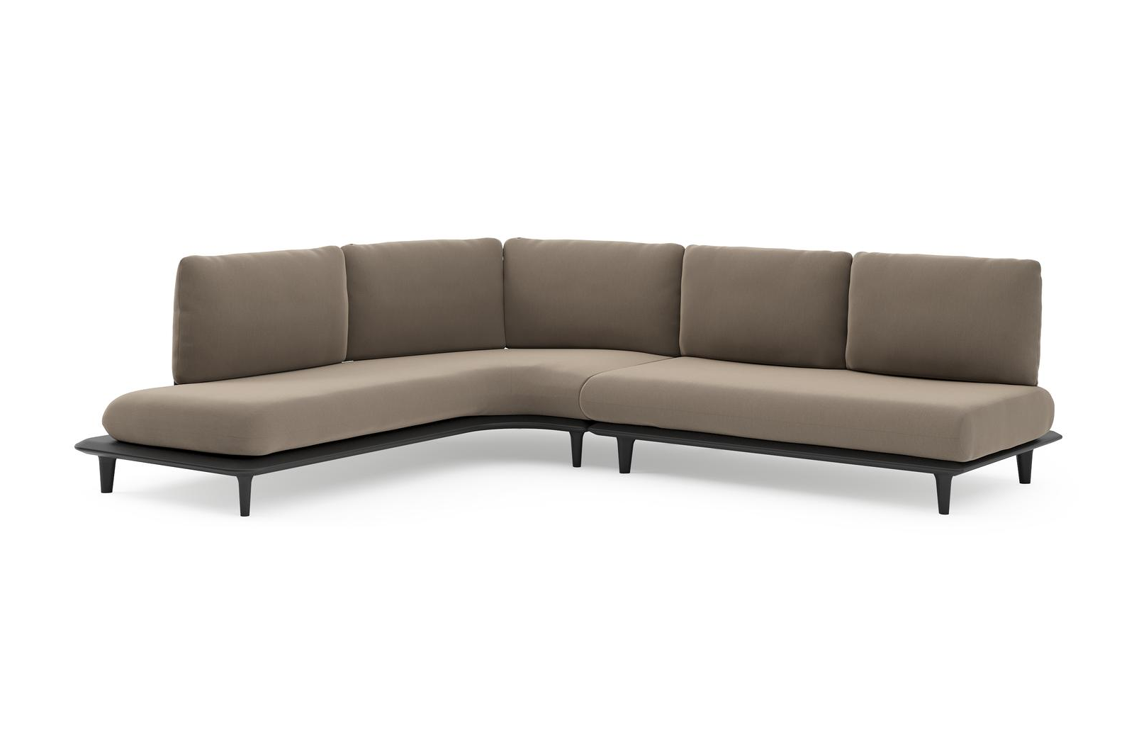 Salon de jardin d'angle Bomero en aluminium noir et coussins en all weather sunbrella® luxe natte heather grey