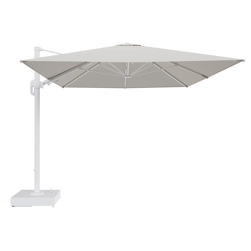 Rufina zweefparasol met tiltfunctie in wit aluminium en Lopi Marble All Weather Sunbrella® Luxe parasoldoek - L1 400 x L2 300 cm met parasolvoet Minore 150 kg met wielen