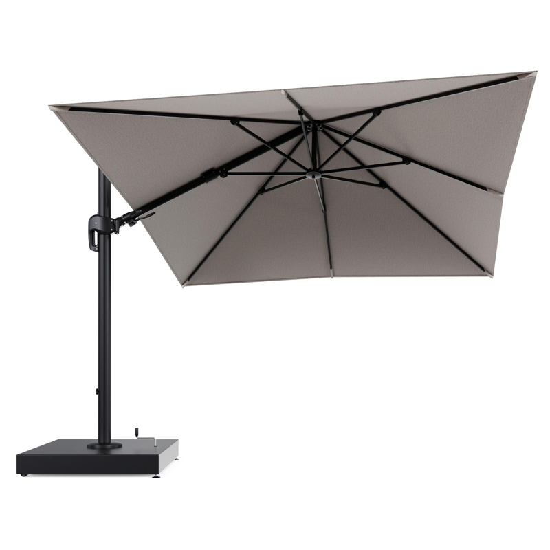 Rufina zweefparasol met tiltfunctie in zwart aluminium en Slow Farafra All Weather Sunbrella® Luxe parasoldoek - L1 300 x L2 300 cm met parasolvoet Minore 260 kg met wielen