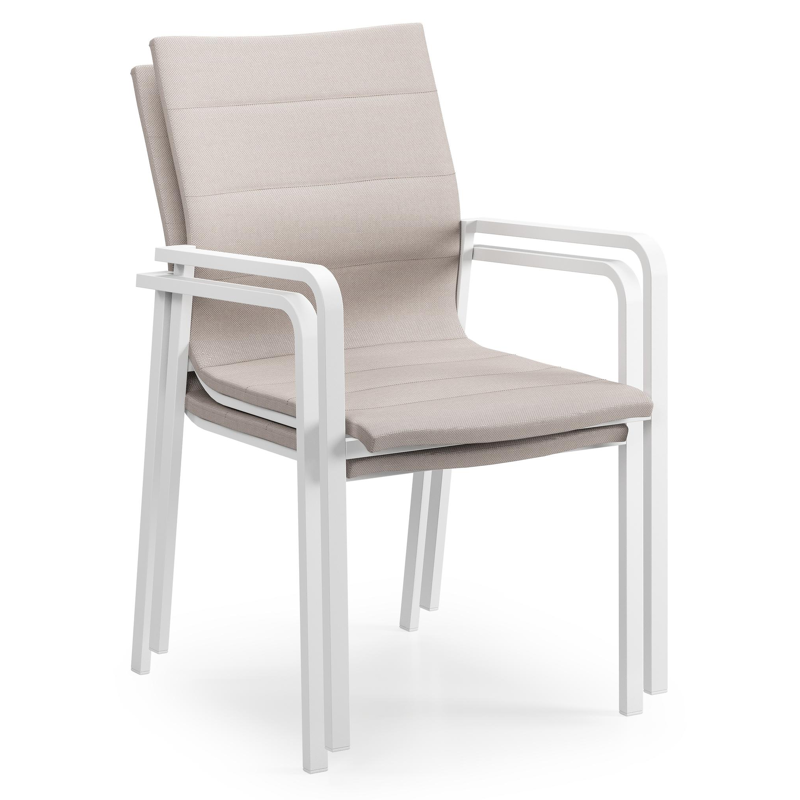 Como stapelbare tuinstoel in wit aluminium en beige luxe textilene