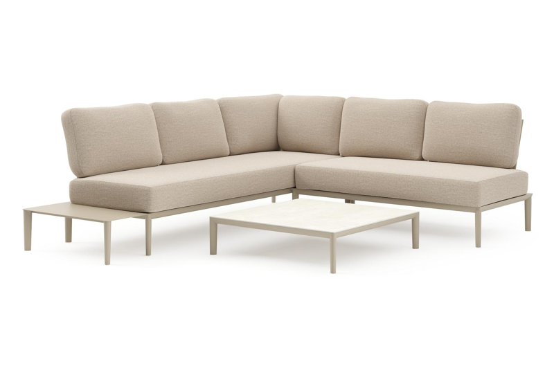 Tolosa loungehoek in beige aluminium met rustic weather+ softtouch kussens en loungetafel