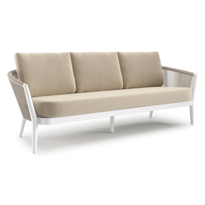 Canapé de jardin Orso en aluminium blanc en corde ronde tissée verticalement beige et coussins en all weather cosytica Althea Chalk