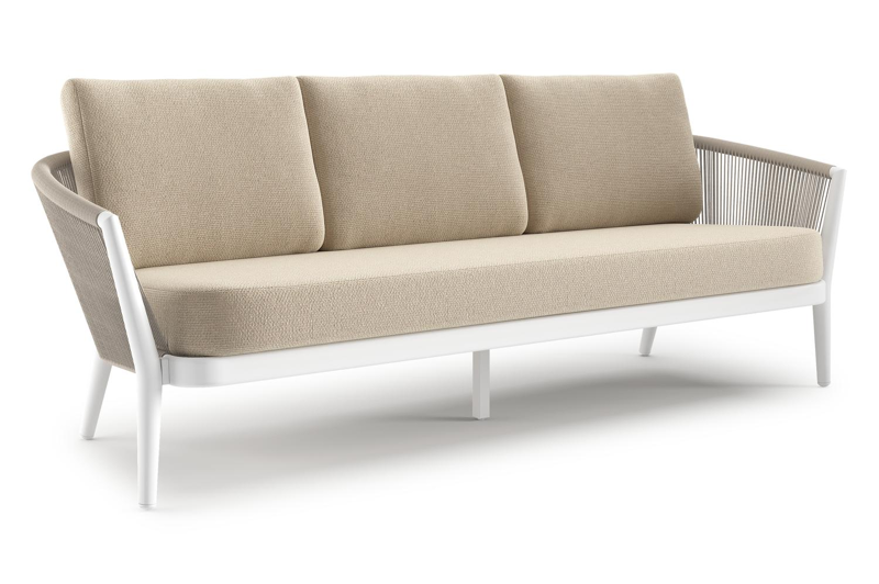 Canapé de jardin Orso en aluminium blanc en corde ronde tissée verticalement beige et coussins en all weather cosytica Althea Chalk