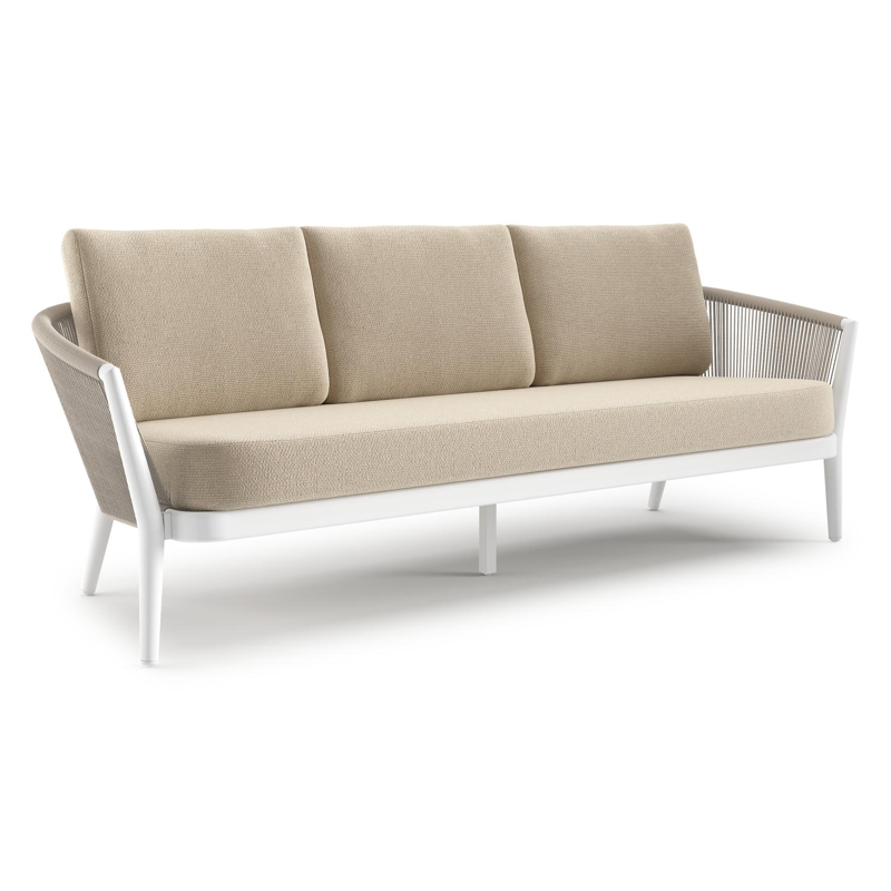 Canapé de jardin Orso en aluminium blanc en corde ronde tissée verticalement beige et coussins en all weather cosytica Althea Chalk