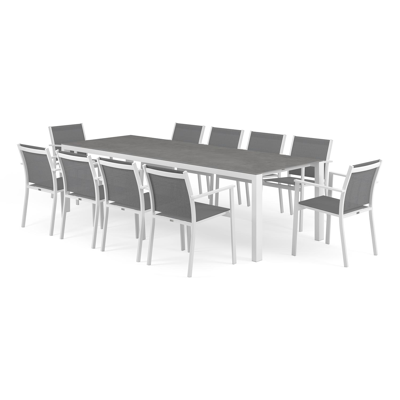 Ensemble de jardin Trente en aluminium blanc avec plateau de table en céramique pleine gris et 10 chaises de jardin empilables Bareto
