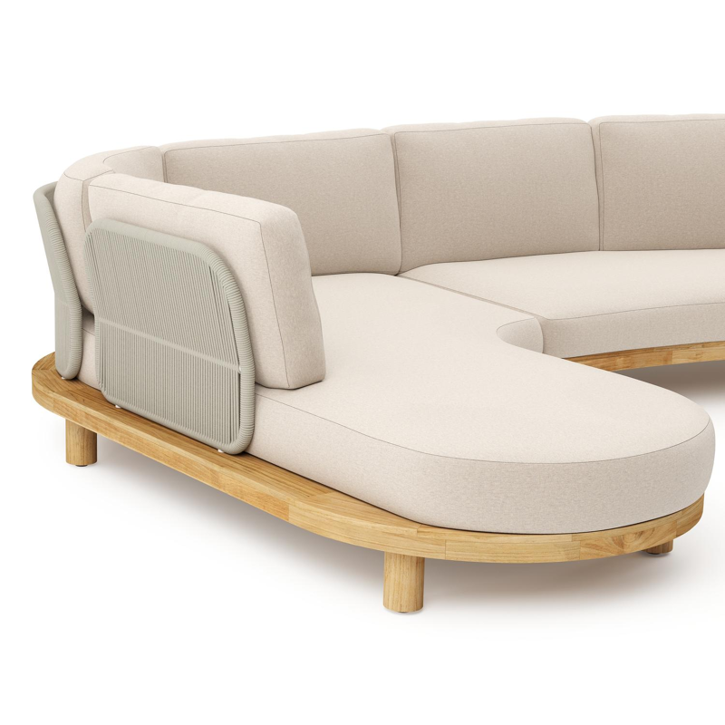 Salon de jardin d'angle Donato en teck et corde ronde tissée verticalement beige et coussins en all weather sunbrella® luxe Heritage Ash