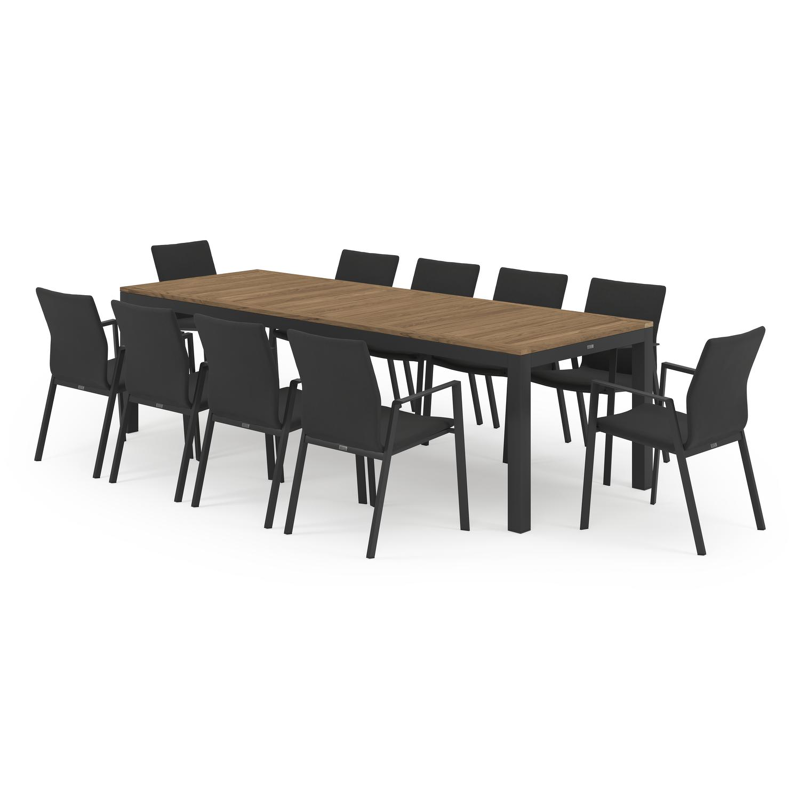 Varese tuinset in zwart aluminium en naturel teak tafelblad met 10 stapelbare Madura tuinstoelen