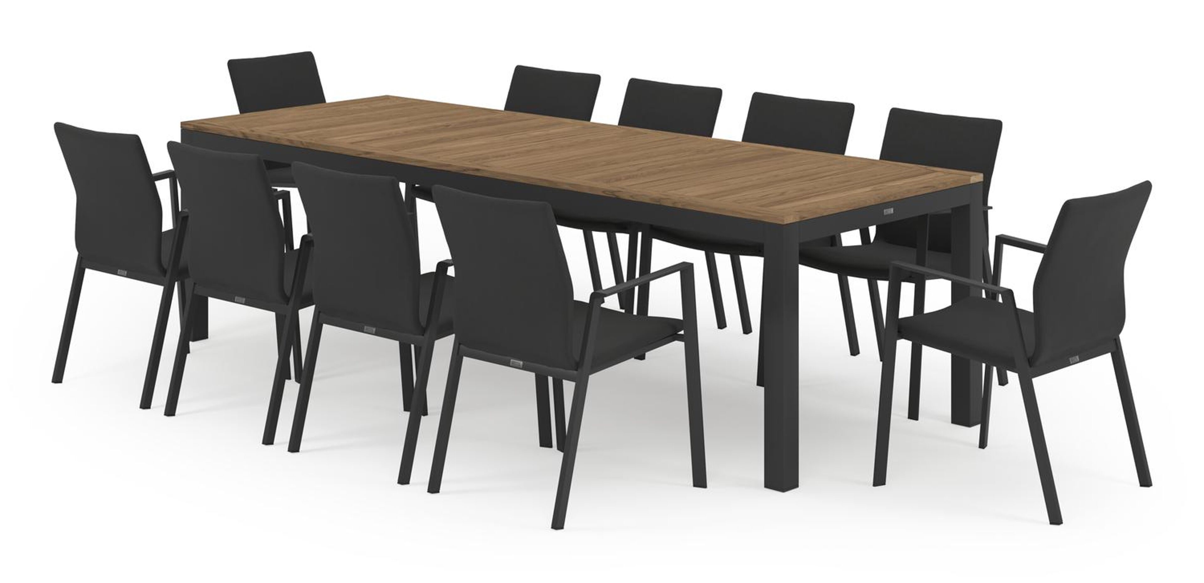 Varese tuinset in zwart aluminium en naturel teak tafelblad met 10 stapelbare Madura tuinstoelen