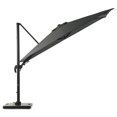 Avola zweefparasol met tiltfunctie in zwart aluminium met grijs all weather sunbrella® premium parasoldoek - L1: 300 x L2: 300 cm (met voet)