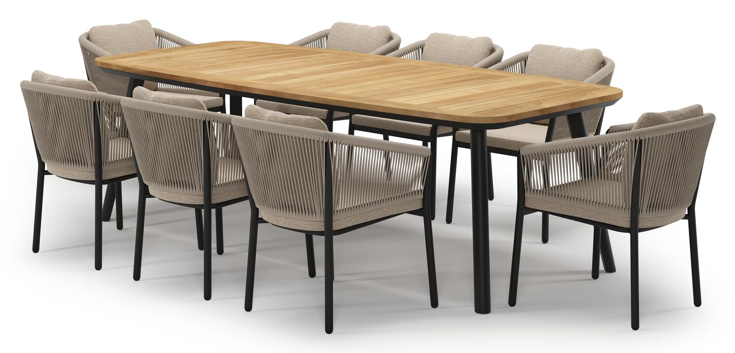 Mosa tuinset in zwart aluminium en teak met 8 Gerona tuinstoelen