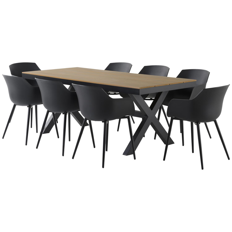 Bahia tuinset in zwart aluminium en naturel polywood tafelblad met 8 Paco tuinstoelen