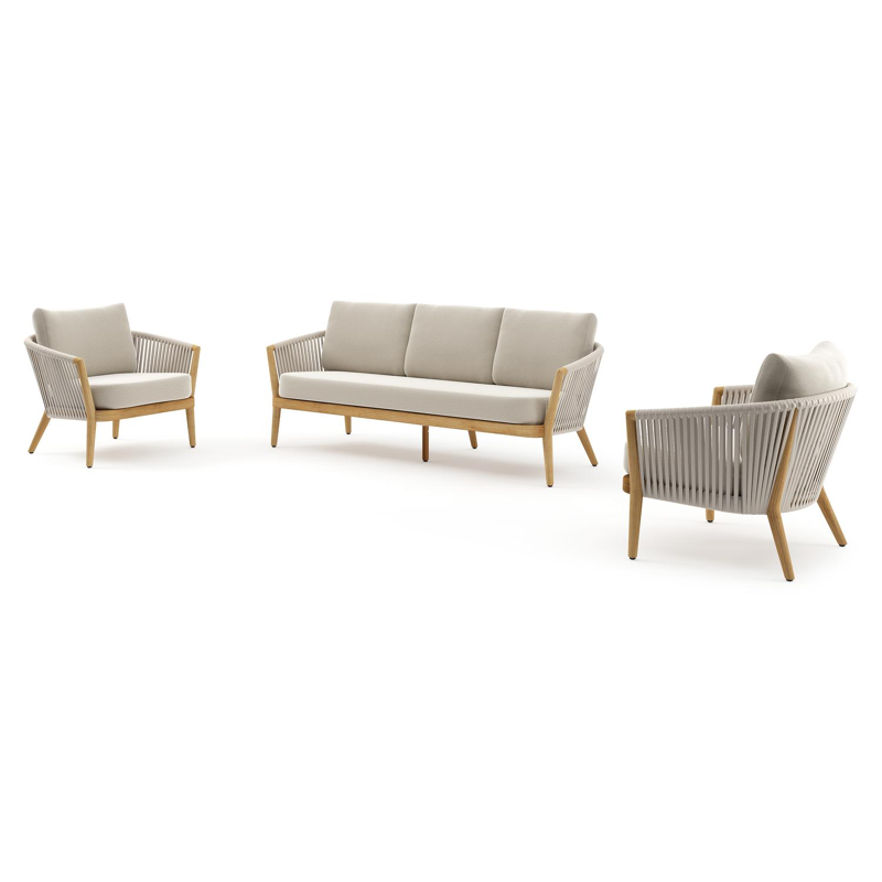 Orso loungeset in teak en beige verticaal geweven luxe vlakke rope met lopi marble all weather sunbrella® luxe kussens