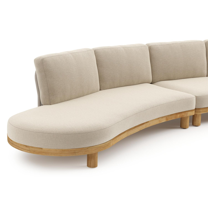 Donato loungehoek in teak en beige verticaal geweven ronde rope met all weather cosytica Althea Chalk kussen