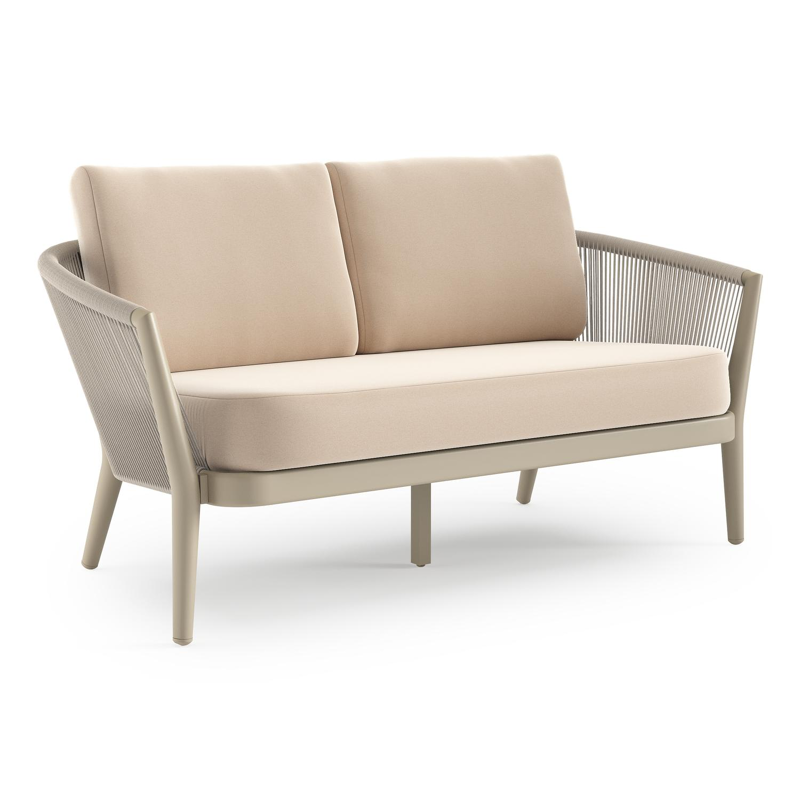 Orso loungebank in beige aluminium en beige verticaal geweven ronde rope met Natte Linen Chalk all weather sunbrella® luxe kussen