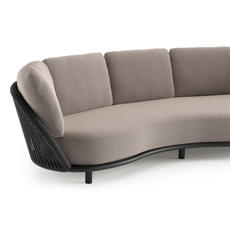 Lupino loungebank in zwart aluminium en zwart verticaal geweven luxe vlakke brede rope met wander granite all weather sunbrella® luxe kussen