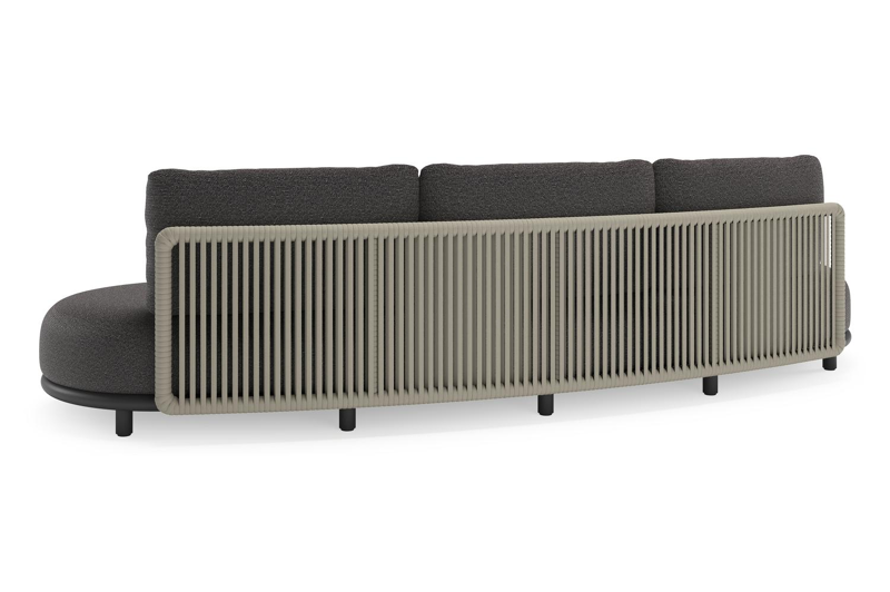 Canapé de jardin Lomano en aluminium noir et corde luxe plate tissée verticalement beige et coussins en all weather solica Firenze Tunder