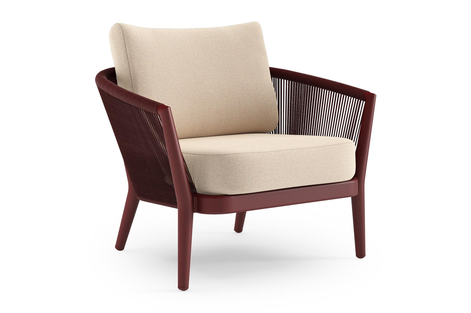 Fauteuil de jardin Orso en aluminium ruby en corde ronde tissée verticalement ruby et coussins en all weather sunbrella® luxe Heritage Papyrus