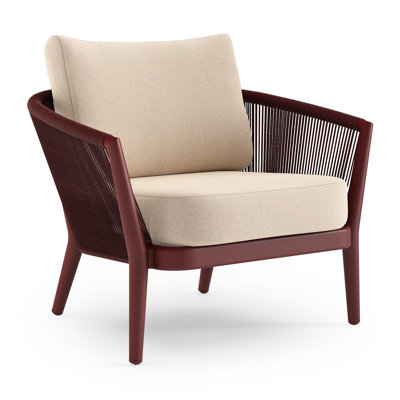 Orso loungestoel in ruby aluminium en ruby verticaal geweven ronde rope met Heritage Papyrus all weather sunbrella® luxe kussen