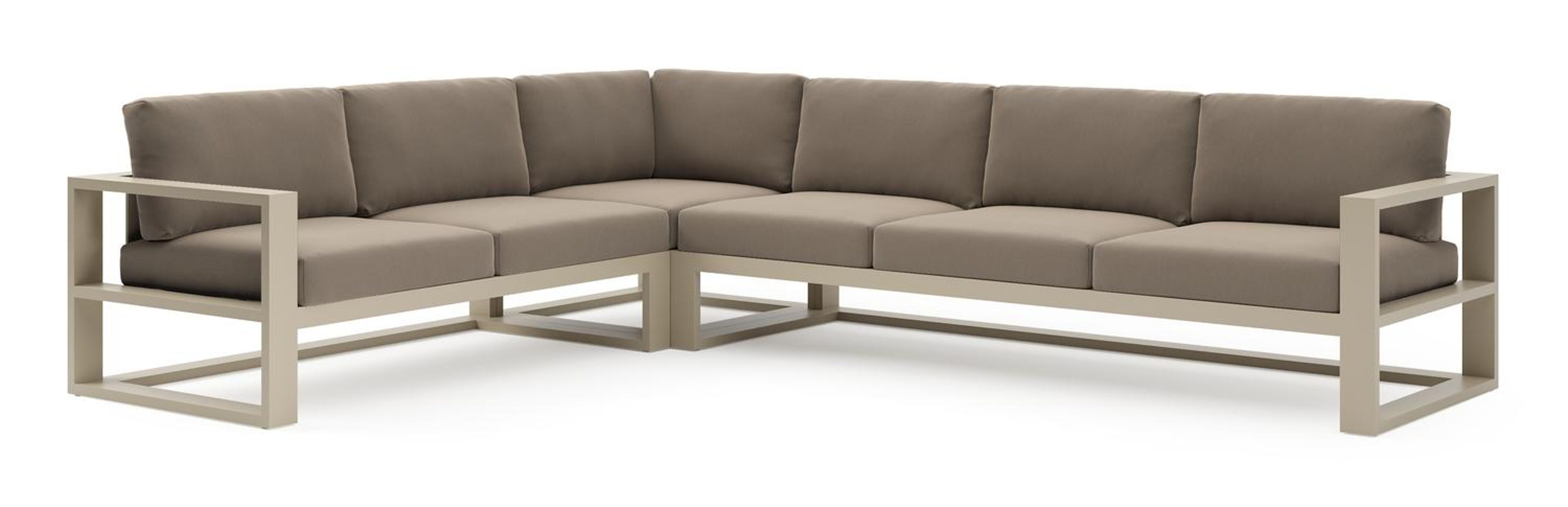 Salon de jardin d'angle Verato en aluminium beige et coussins en all weather sunbrella® luxe natte heather grey