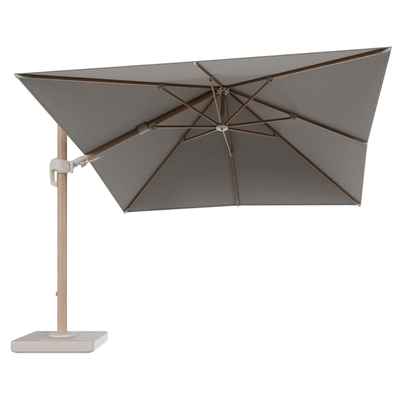 Parasol pendant Rufina avec fonction tilt en aluminium aspect de bois et toile de parasol en All Weather Solica Firenze Sand - Lg.1 300 x Lg.2 300 cm avec pied de parasol Lapido 160 kg