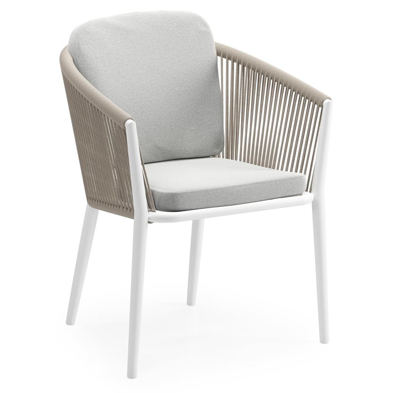 Orso tuinstoel in wit aluminium en beige verticaal geweven ronde rope met luxe zitkussen in All Weather Sunbrella® Luxe Natte Grey Chine