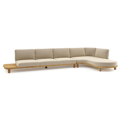 Donato loungehoek in teak en beige verticaal geweven ronde rope met all weather cosytica Althea Camel kussen