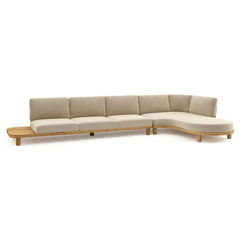 Donato loungehoek in teak en beige verticaal geweven ronde rope met all weather cosytica Althea Camel kussen