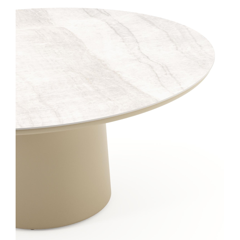Amico low dining tuintafel rond in beige aluminium en volkeramiek Taj Mahal - Dia. 148 x H 61 cm