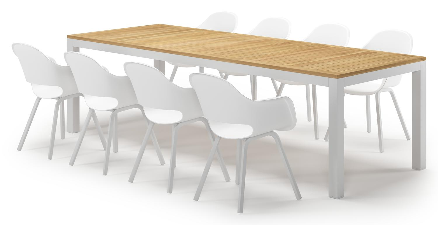 Varese tuinset in wit aluminium en naturel teak tafelblad met 8 Artena tuinstoelen