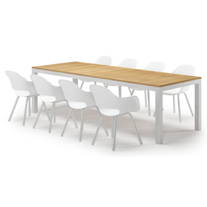 Varese tuinset in wit aluminium en naturel teak tafelblad met 8 Artena tuinstoelen