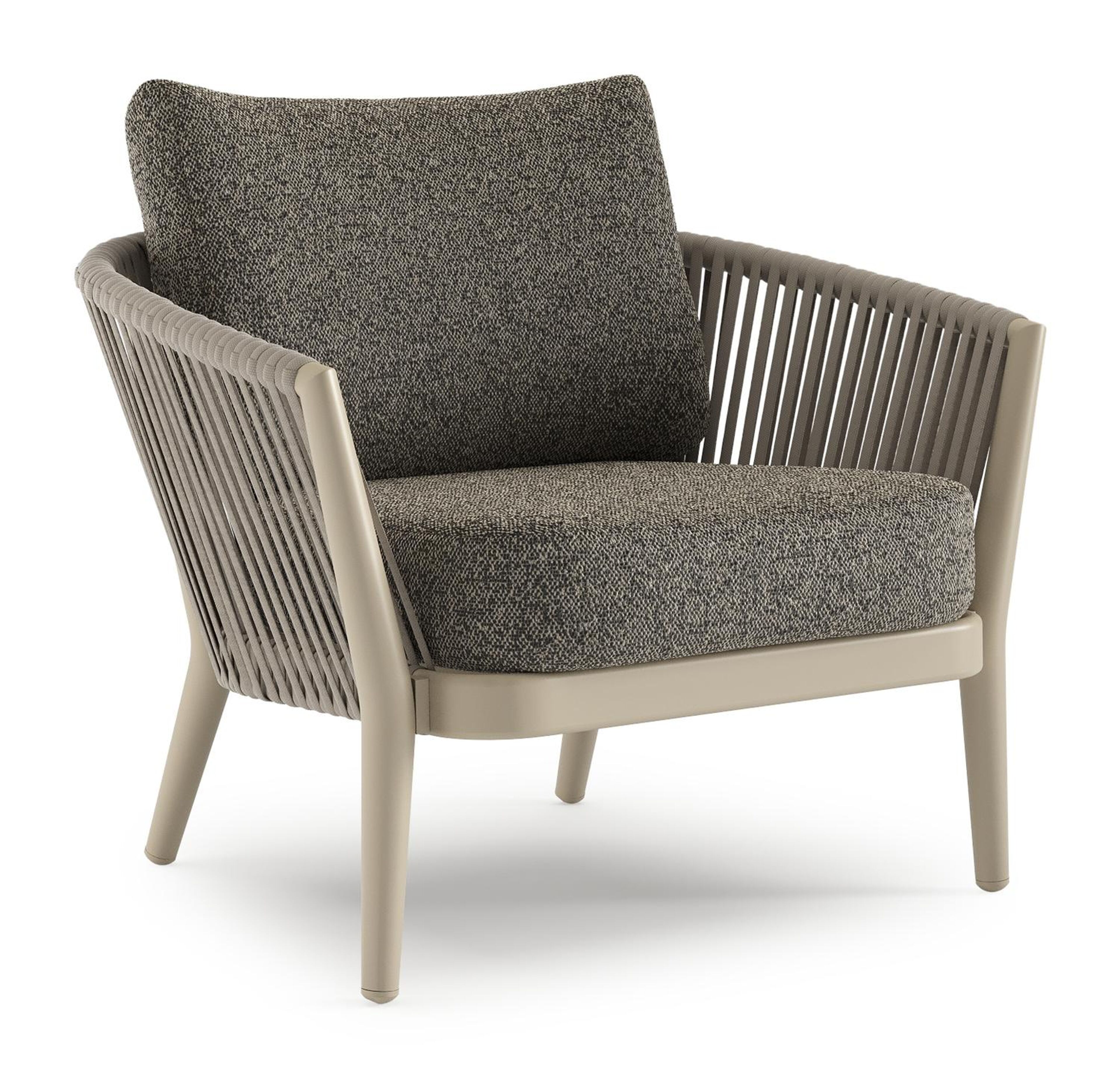 Fauteuil de jardin Orso en aluminium beige en corde luxe plate tissée verticalement beige et coussins en all weather cosytica Marbella Tunder