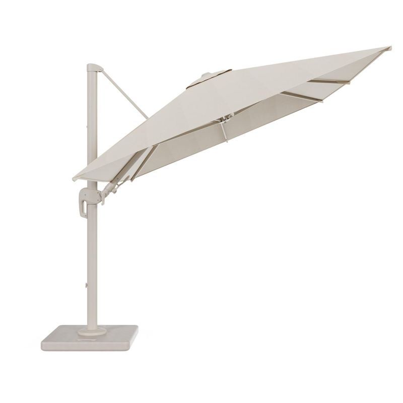 Rufina zweefparasol tiltfunctie in beige aluminium en parasoldoek in All Weather Sunbrella® Premium Beige - L1 350 x L2 250 cm met parasolvoet Lapido 120 kg