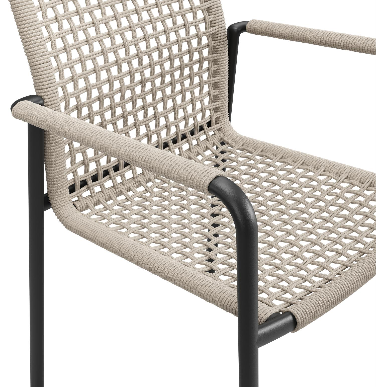 Chaise de jardin Como en aluminium noir et corde ronde tissée carrée beige
