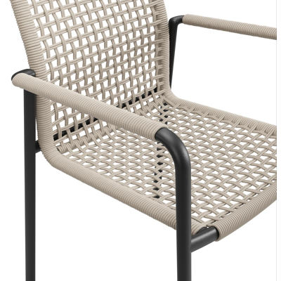 Como tuinstoel in zwart aluminium en beige vierkant geweven ronde rope