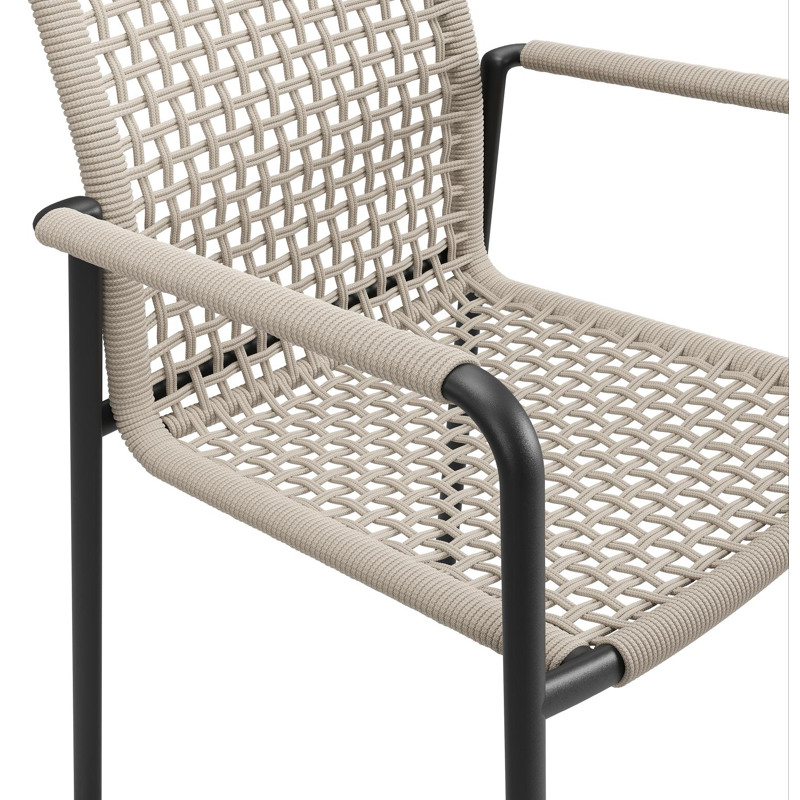 Como tuinstoel in zwart aluminium en beige vierkant geweven ronde rope