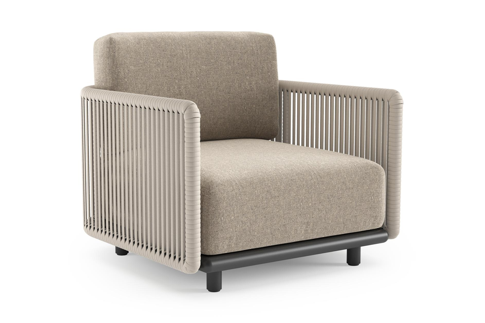 Organo loungestoel in zwart aluminium en beige verticaal geweven luxe vlakke rope met chartres pewter all weather Sunbrella® luxe kussen