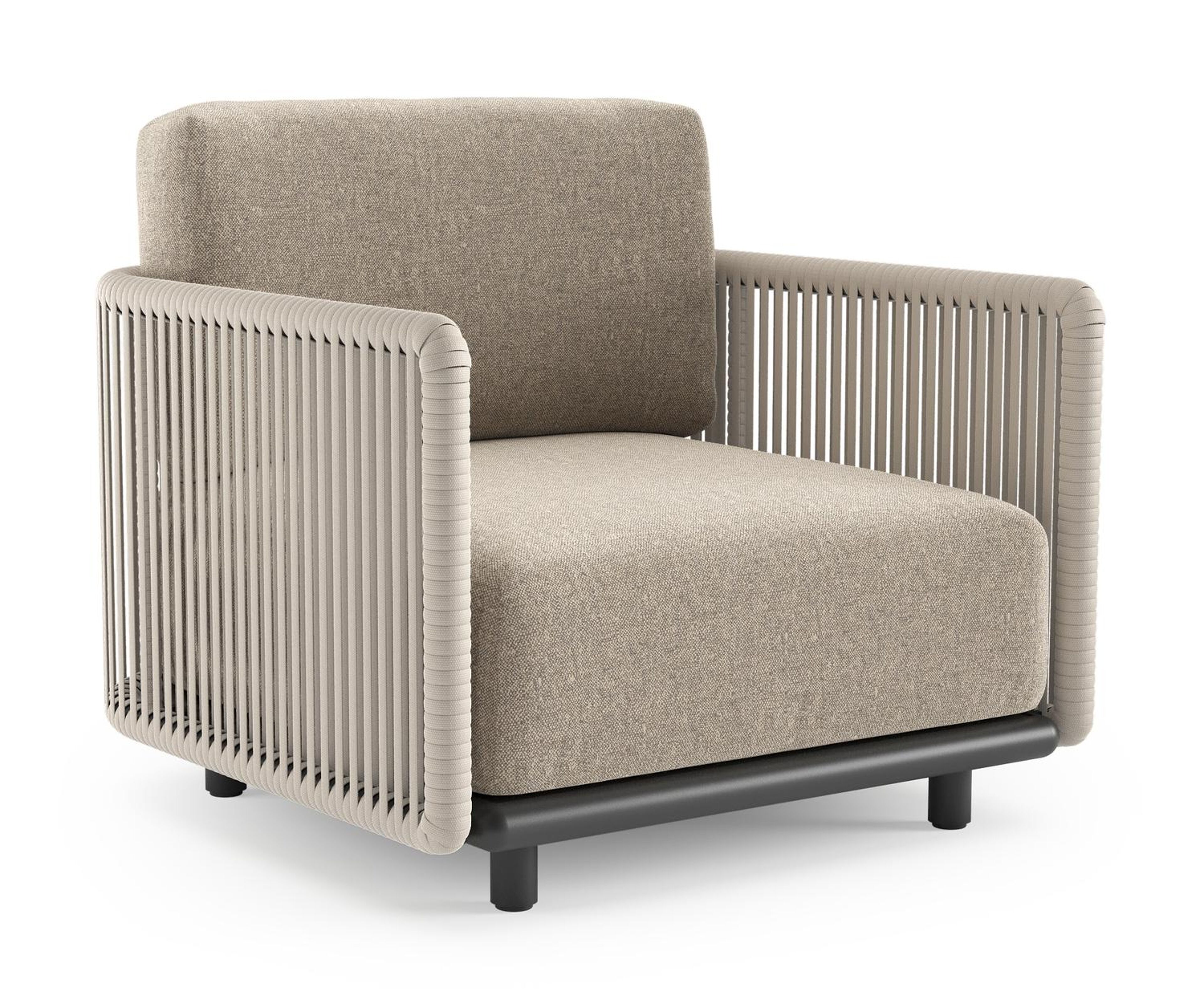 Organo loungestoel in zwart aluminium en beige verticaal geweven luxe vlakke rope met chartres pewter all weather Sunbrella® luxe kussen
