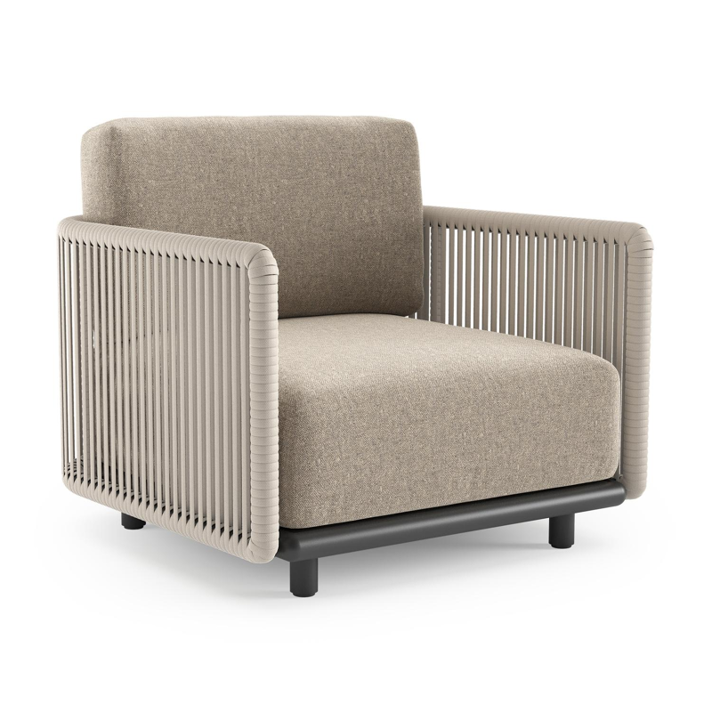 Organo loungestoel in zwart aluminium en beige verticaal geweven luxe vlakke rope met chartres pewter all weather Sunbrella® luxe kussen