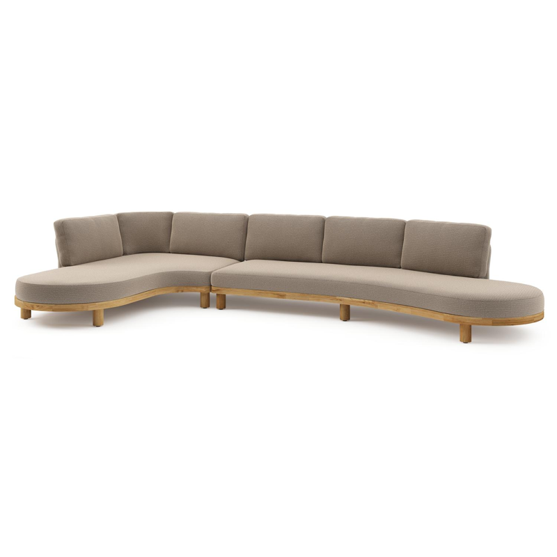 Salon de jardin d'angle Donato en teck et corde ronde tissée verticalement beige et coussins en all weather solica Firenze Earth